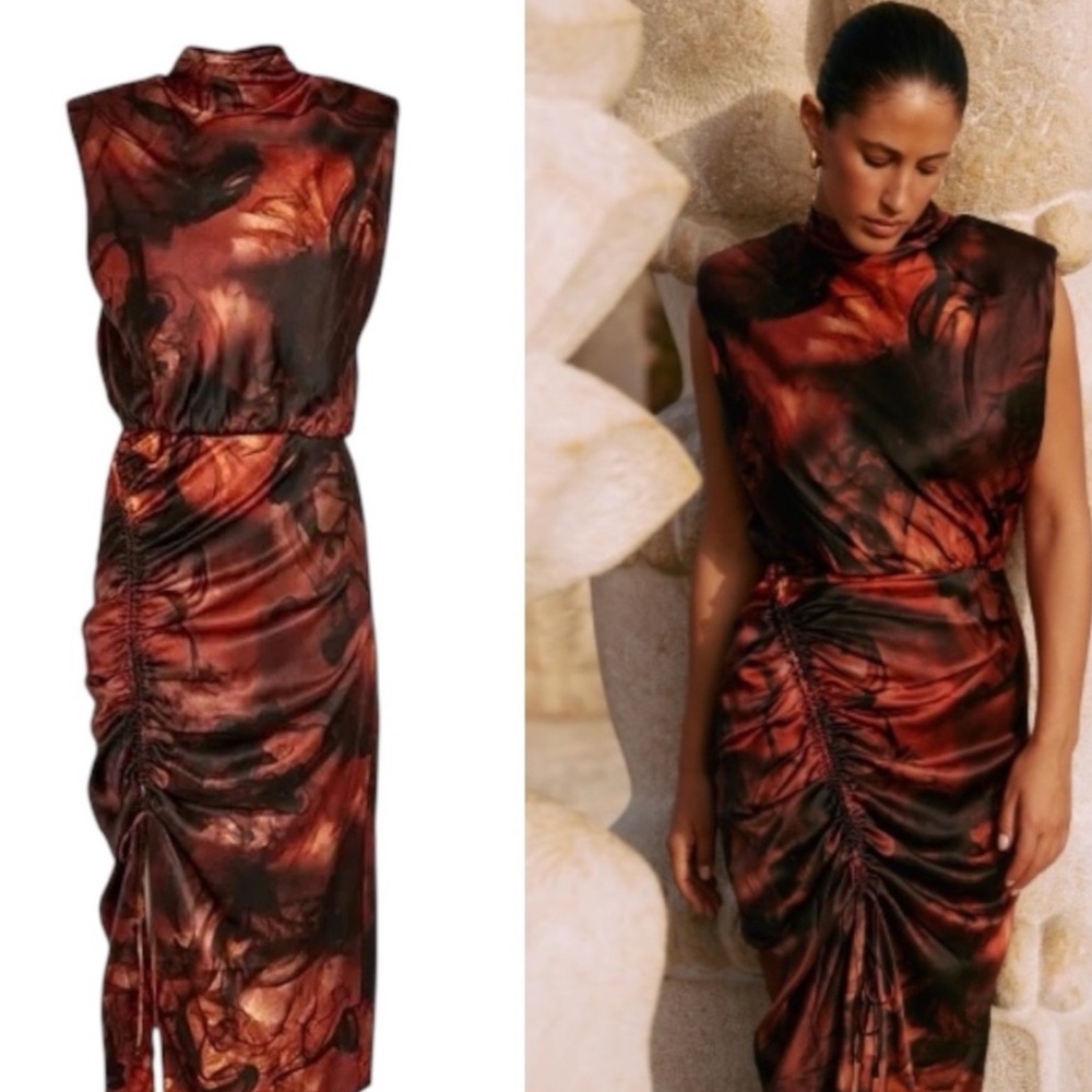NWT All Saints Isa Claudia Ruched Midi Dress Silk Deep Rust red Allsaints 4